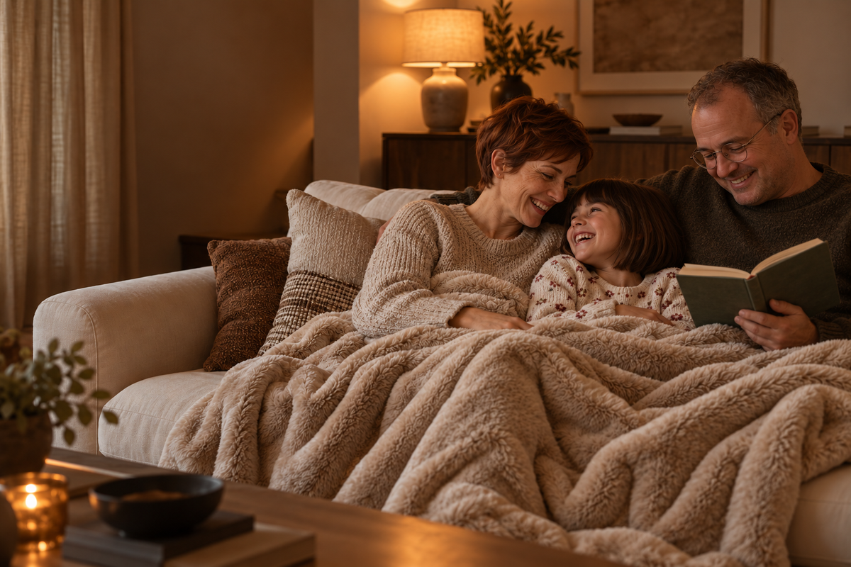A family sharing a warm evening together under a beige blanket