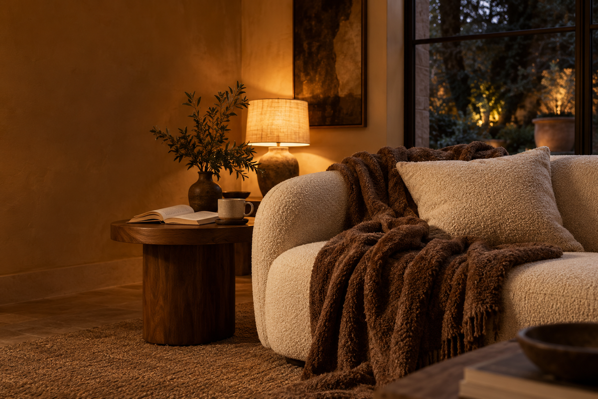 An amber-lit living room with cream upholstery and cocoa textiles — original illustrative interior